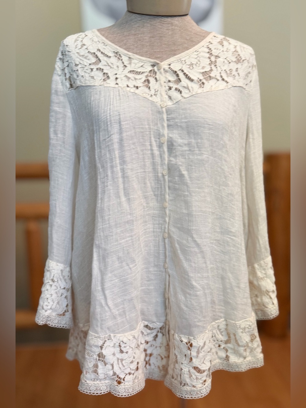 GNW Cream Crochet-Trim Lace Top